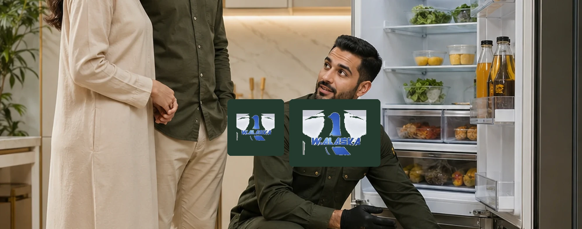 فني صيانة ألاسكا مع عميلة أثناء فحص ثلاجة داخل مطبخ حديث