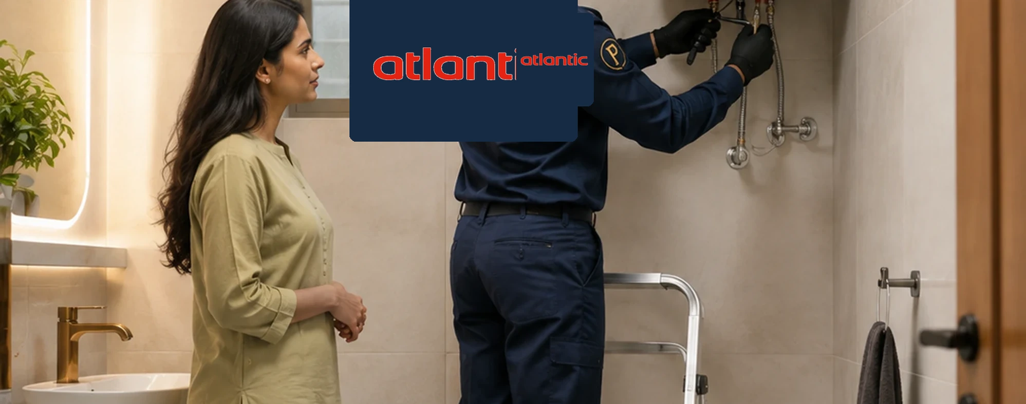 فني صيانة أتلانتيك مع عميلة أثناء فحص سخان مياه داخل حمام حديث