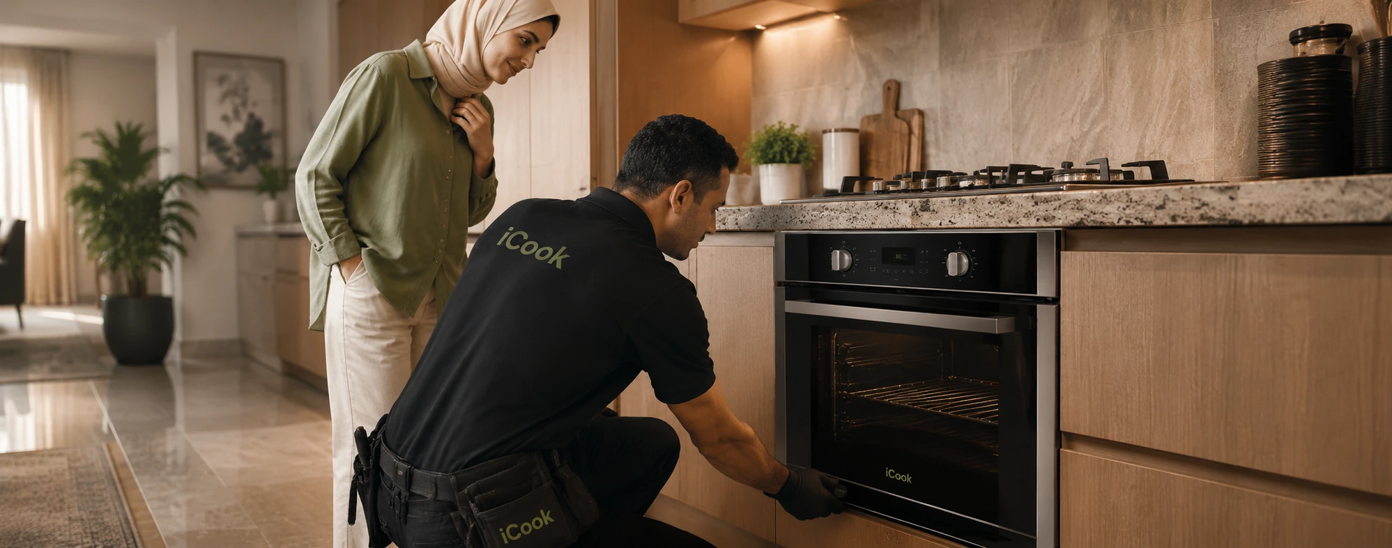 فني صيانة يحمل شعار آي كوك أثناء فحص فرن بلت إن من آي كوك داخل مطبخ حديث وبجواره عميلة تتابع الصيانة